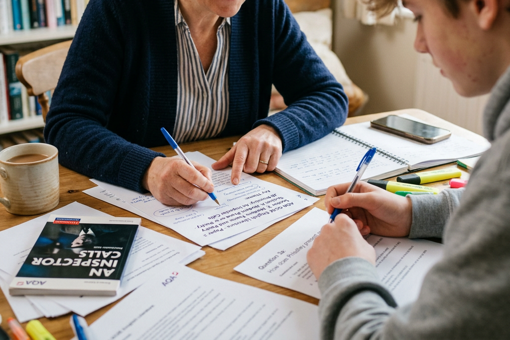 An adult woman tutoring a teenage boy at a table with schoolwork and books